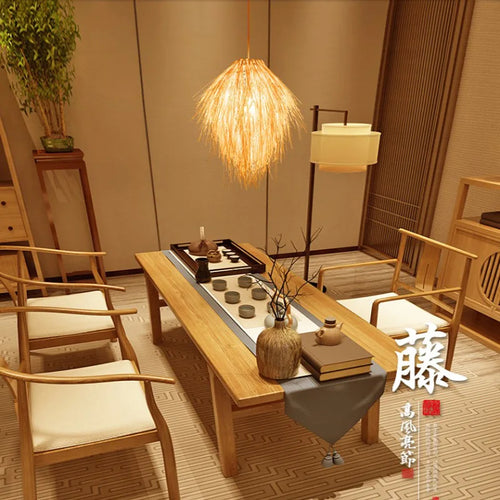 Rattan bamboo woven pendant light with straw hat shade pastoral decor - vue 3 sur 7