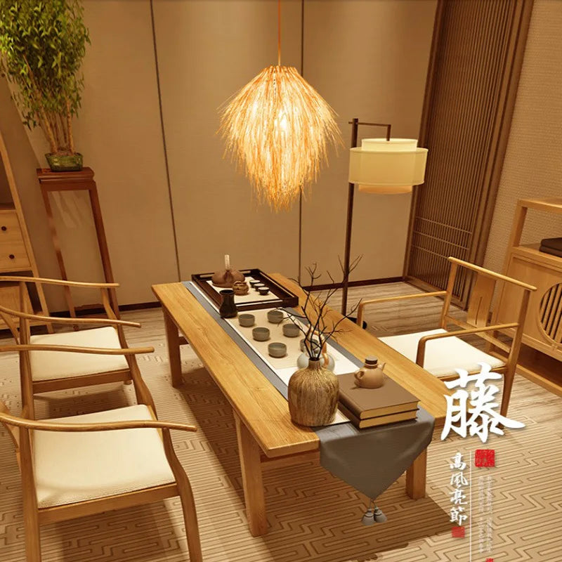 Rattan bamboo woven pendant light with straw hat shade pastoral decor