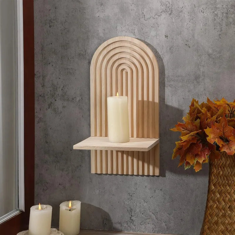 bohemian wall shelves with candles and decorative vase