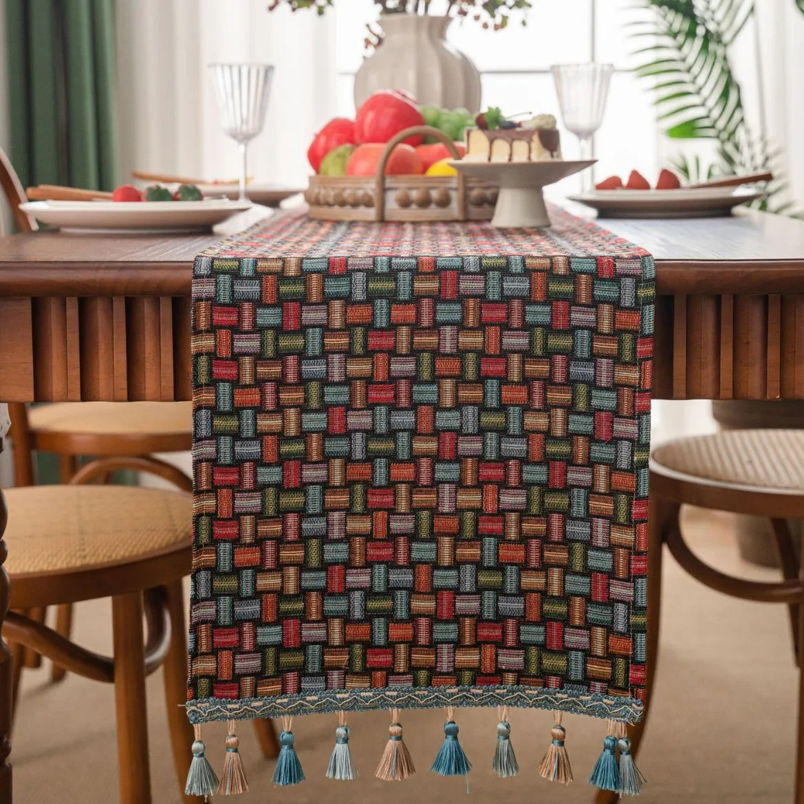 Green jacquard table runner with flowers and tassels, country style
