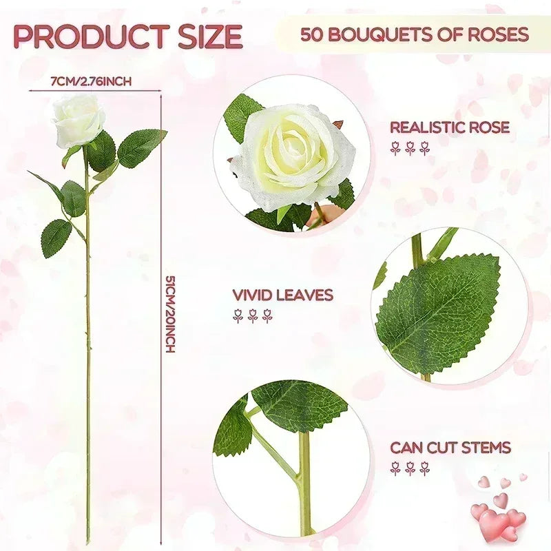 Set of 50 artificial silk roses for decoration and festive events