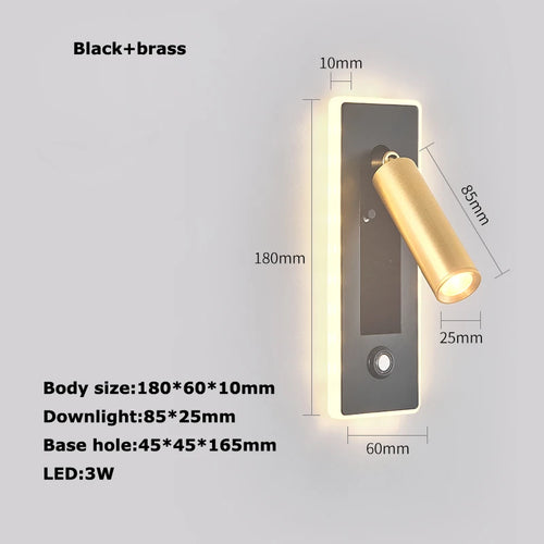 LED Brass Black Wall Lamp Wall Light Wall Sconce Wall Mounted Reading Light with Switch and USB Port, Rotatable For Bedroom - vue 10 sur 23