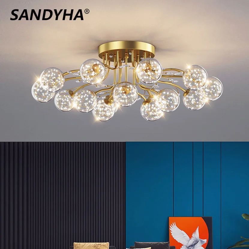 Black and gold glass chandelier with decorative star crystal
