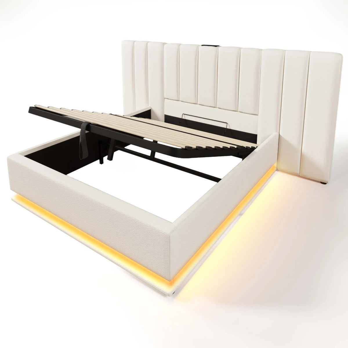 Upholstery bed 180 × 200, double bed storage bed with App Control LED and USB-C charging function, bed rack with slatted frame, PU, ​​White, O