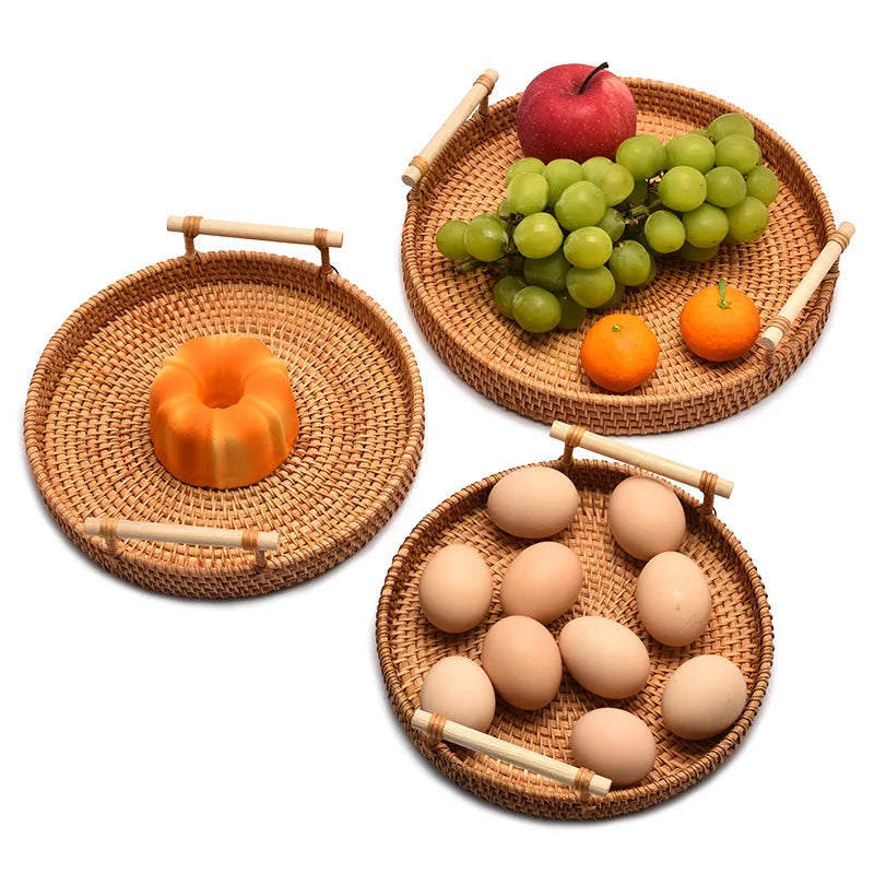 HEMU-Round Rattan Tray, Storage Basket, Tray with Wooden Handle, Bread, Fruit, Cake, Food Plate, Serving Tray for Home Kitchen