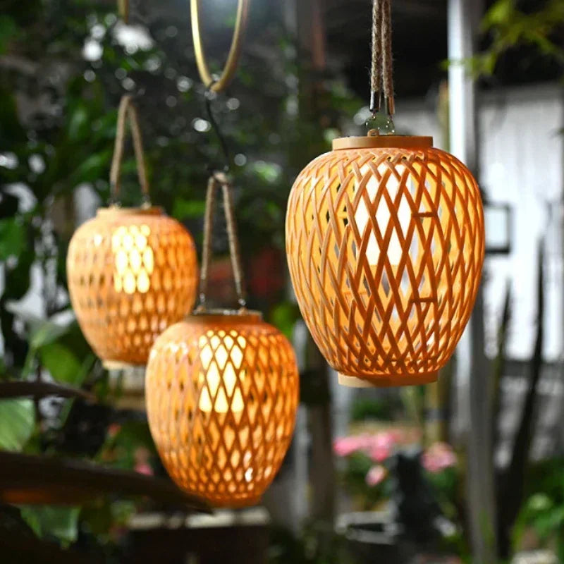 Outdoor solar lantern with bamboo-style weave for garden