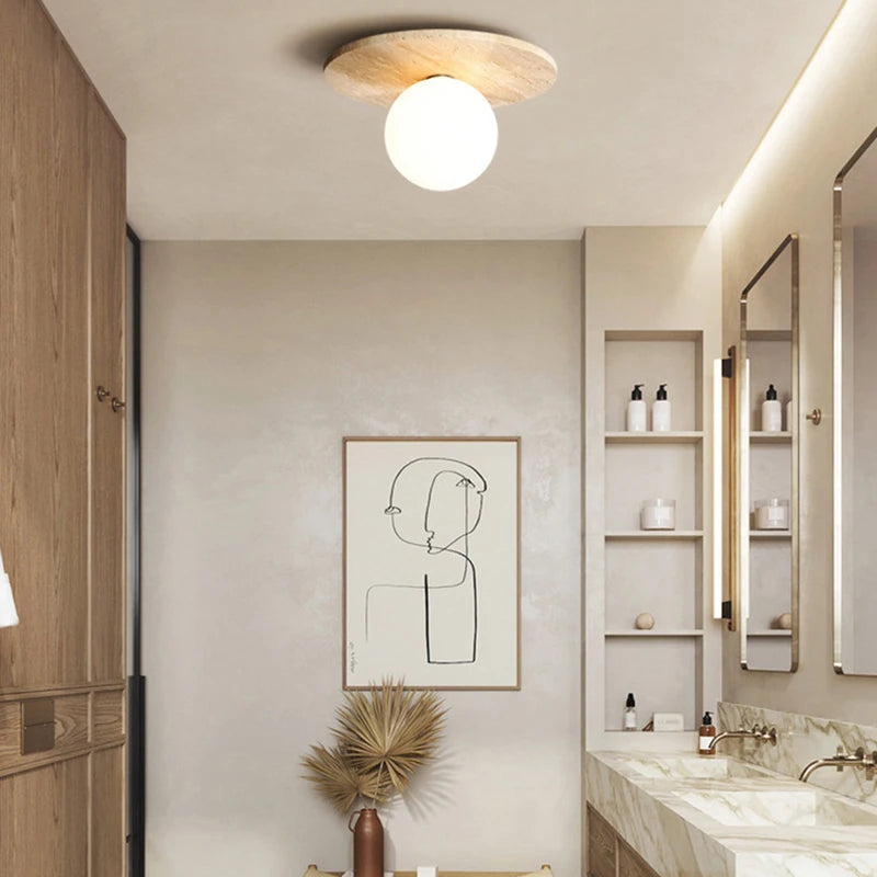 Round marble ceiling light with natural white glass bulb