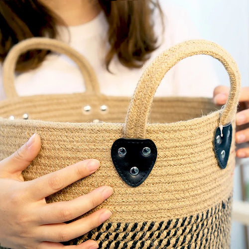 jute and cotton storage basket with handle - vue 3 sur 7