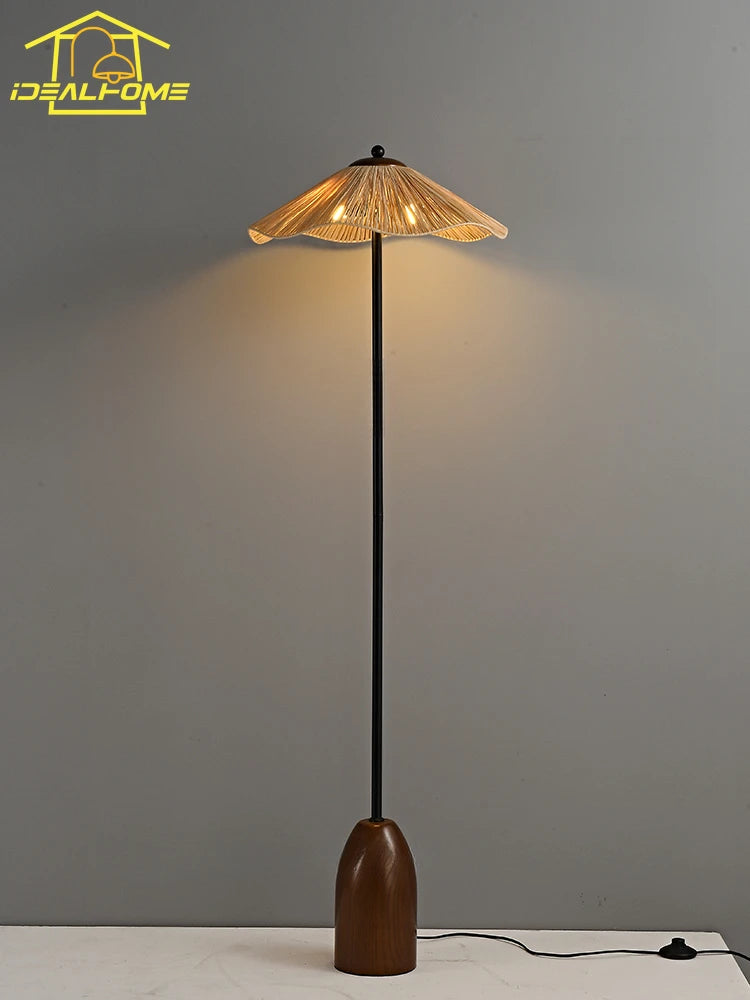 Minimalist wabi-sabi woven wood and grass floor lamp
