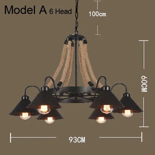 Vintage hemp rope and iron pendant light industrial style - vue 8 sur 12