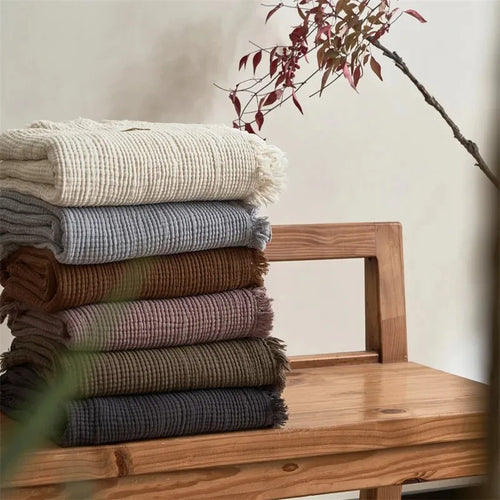 Lightweight cotton muslin throw with tassels for sofa - vue 3 sur 7
