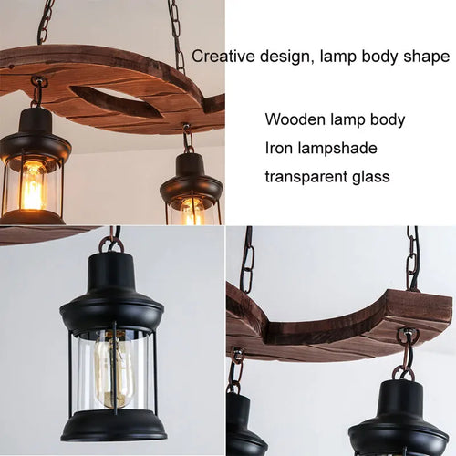 Retro industrial 4-head wood and iron chandelier for café, bar or loft - vue 7 sur 7