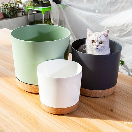 Large circular plastic indoor plant pot with drainage and tray - vue 5 sur 15