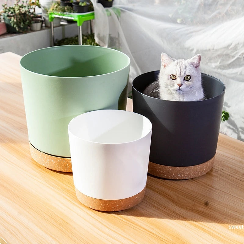 Large circular plastic indoor plant pot with drainage and tray - vue 4 sur 15