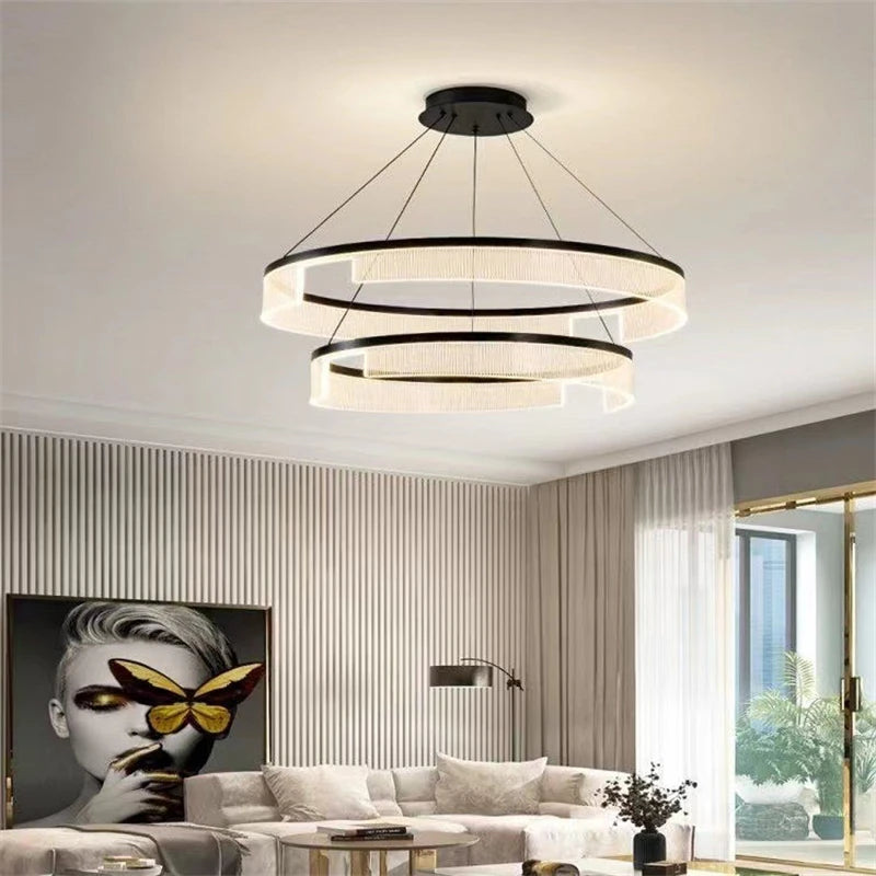 Circular LED chandelier in aluminium and acrylic for decorative interiors