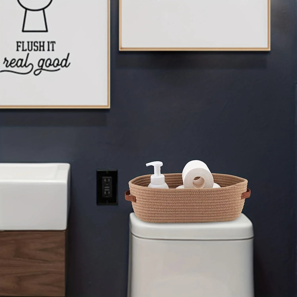 Oval Woven Bathroom Storage Basket, Multifunctional Desktop Organizer, Toilet Paper Holder, Toy Storage Basket - vue 5 sur 7