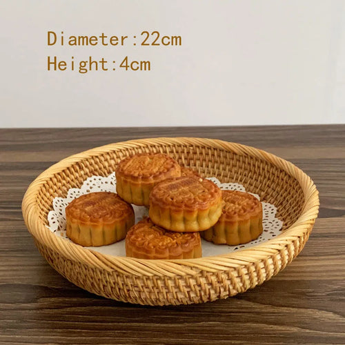 HEMU-Round Rattan Woven Basket, Wicker Fruit Basket, Bread Food, Kitchen Home Decor Organizer - vue 8 sur 12