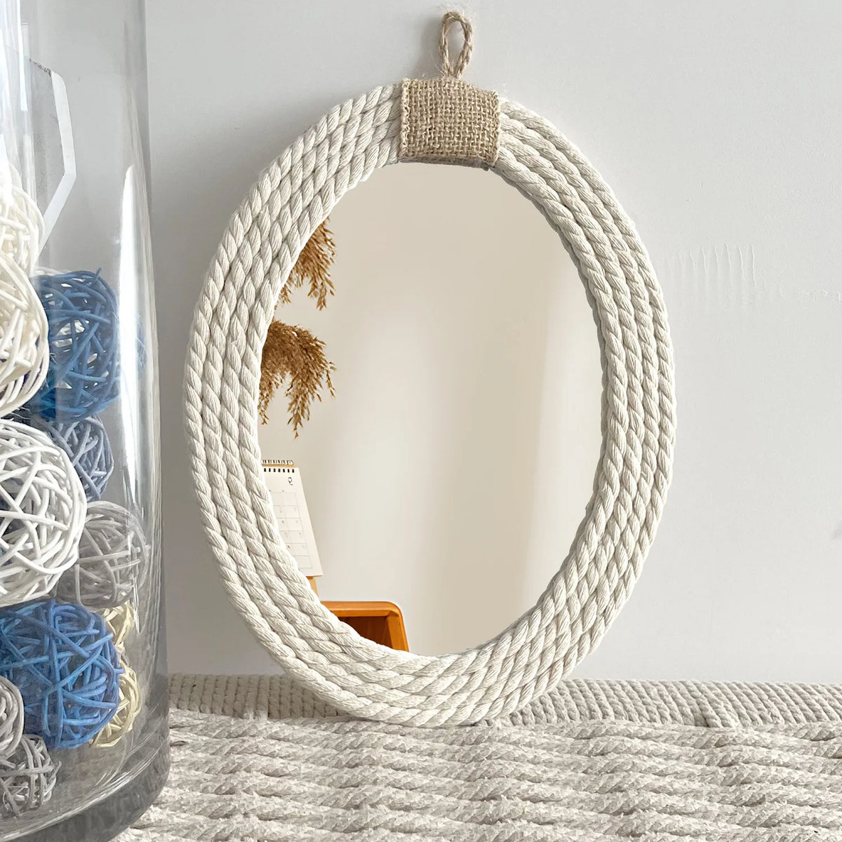 Oval cotton rope mirror, nautical boho style