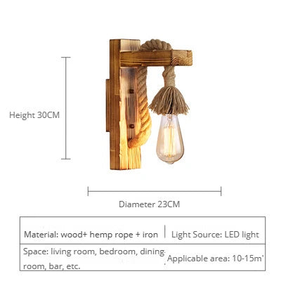 Vintage industrial wooden wall light with hemp rope - vue 12 sur 17
