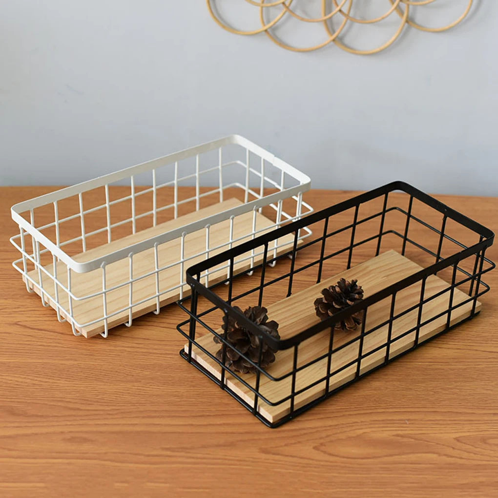 Metal and wood storage basket for cosmetics