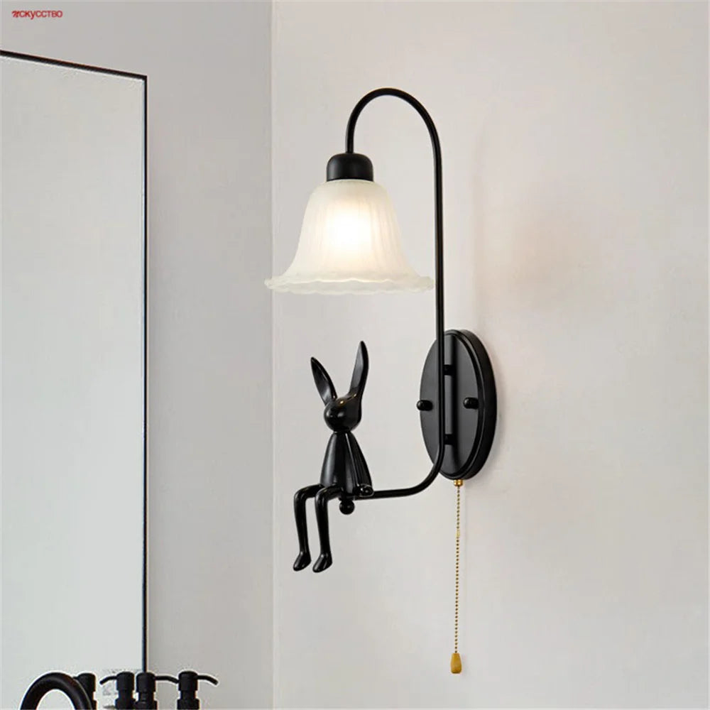 Retro black glass wall lamp with pull cord switch