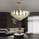 Art deco inspired LED crystal chandelier with white and grey feathers