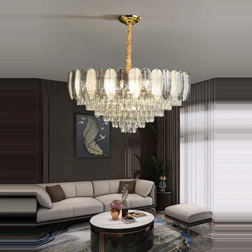 Art deco inspired LED crystal chandelier with white and grey feathers - vue 6 sur 17