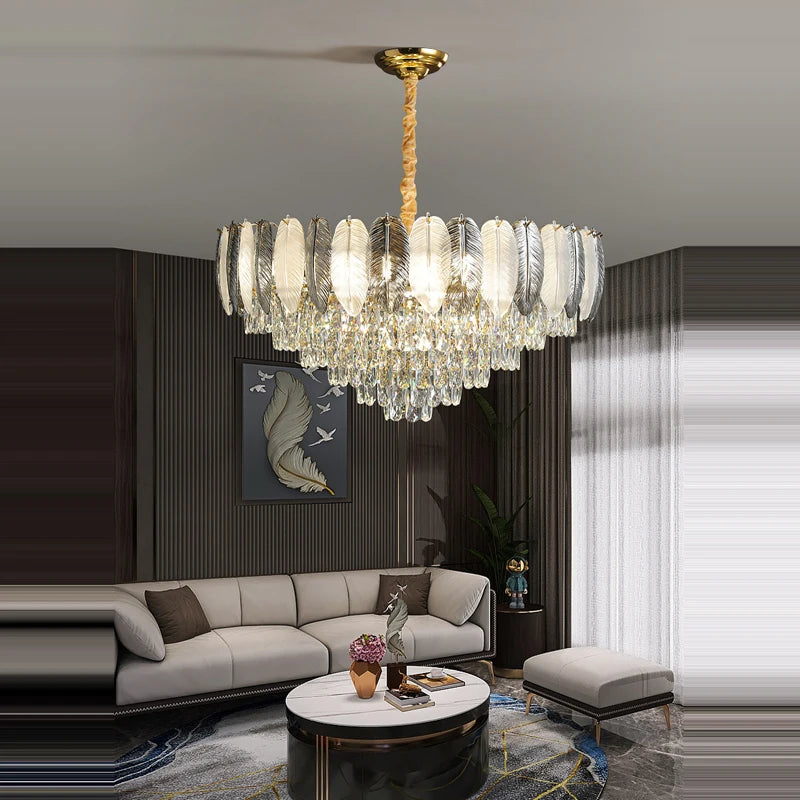 Art deco inspired LED crystal chandelier with white and grey feathers - vue 5 sur 17