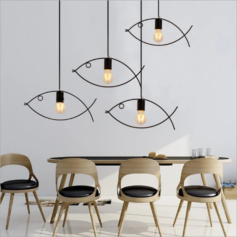 Modern minimalist fish shape pendant light, nordic vintage iron lamp for kitchen