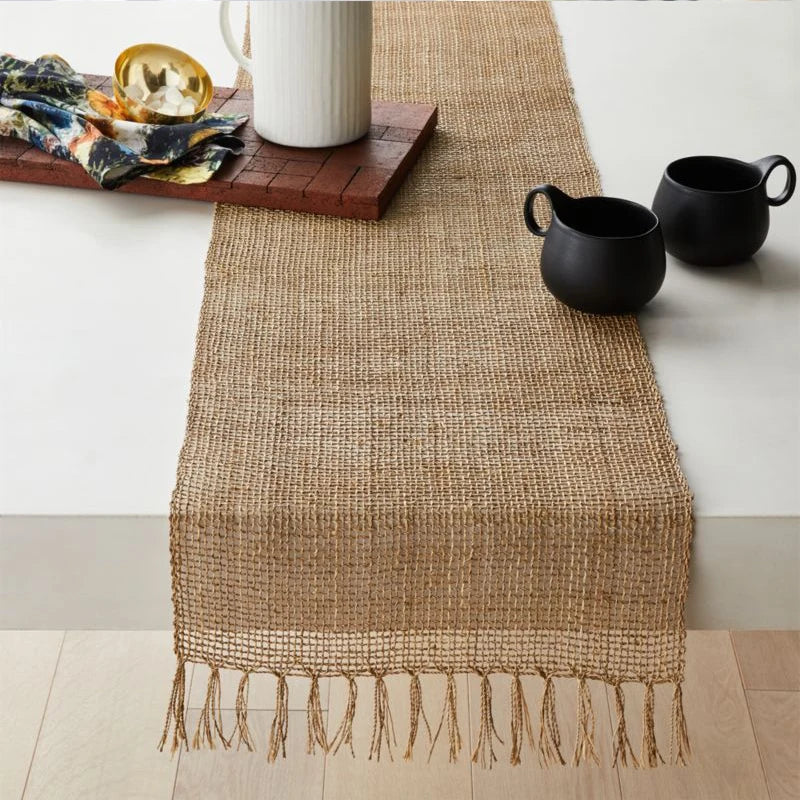Rustic jute table runner with braided tassels