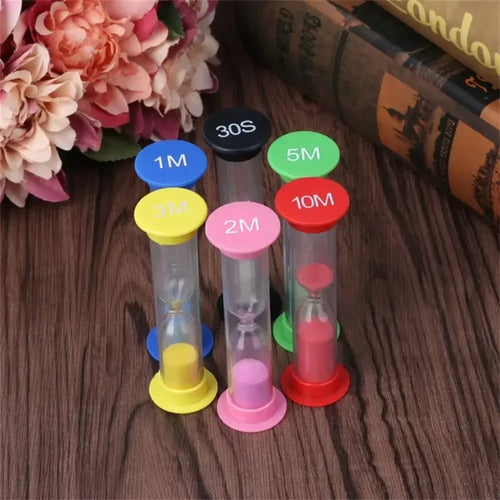 Set of 6 colorful hourglasses for practical and fun timing
