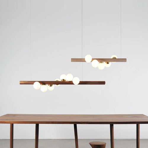 Modern glass and walnut wood chandelier for indoor use - vue 2 sur 14