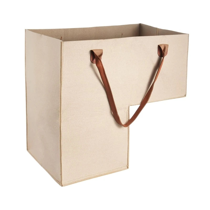Foldable felt stair basket with leather handles