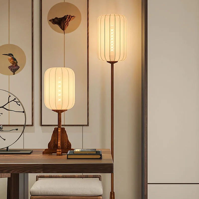 Vintage style floor lamp in fabric, wood and copper for hotel or restaurant - vue 4 sur 9