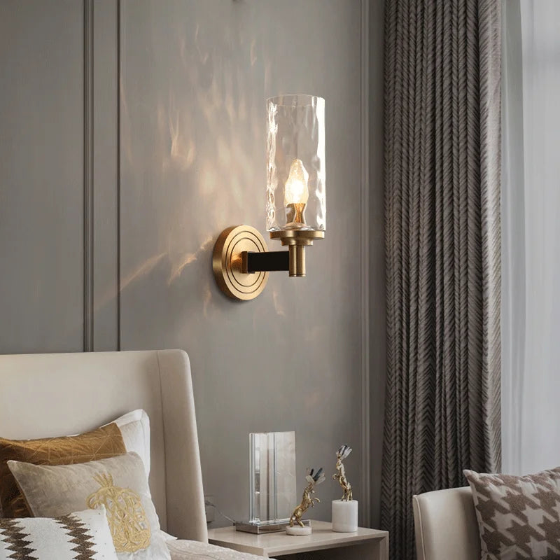 Retro copper wall light with decorative ripple glass