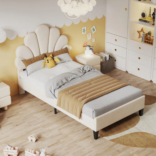 Youth Bed, Upholstered Bed, Skin-friendly Velvet Fabric, With Solid Flower-shaped Headboard and Slatted Frame, 90 x 200 cm - vue 4 sur 8