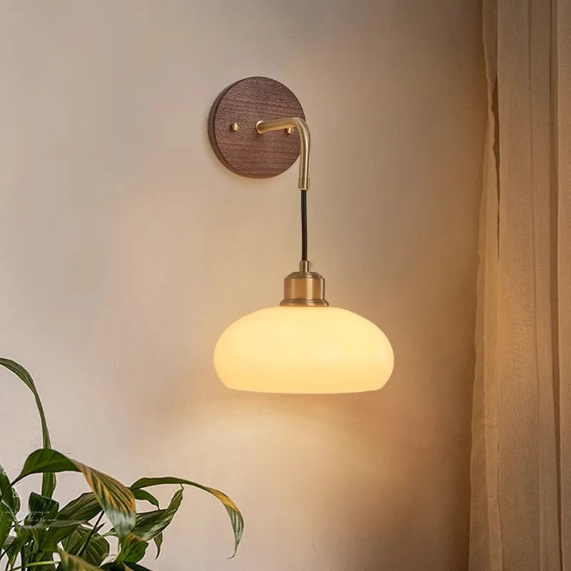 Walnut Wood Glass Brass, Wabi-sabi minimalist Modern style, Wall Sconce light for Bedroom, Bedside, Living, Dining Room - vue 2 sur 7