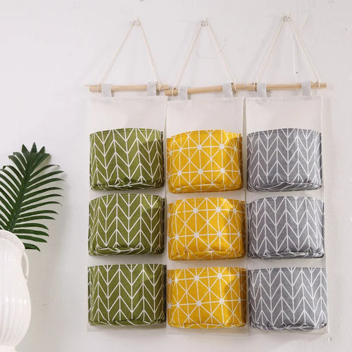 three-layer cotton and linen hanging storage bag - vue 2 sur 9
