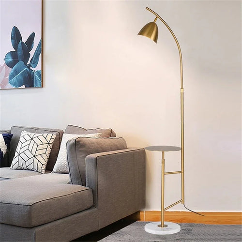 Nordic design gold shelf floor lamp with marble side table for living room, bedroom or office - vue 3 sur 10