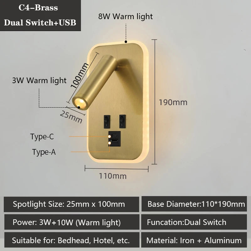 Modern wall light with USB ports and adjustable reading lamps - vue 10 sur 16