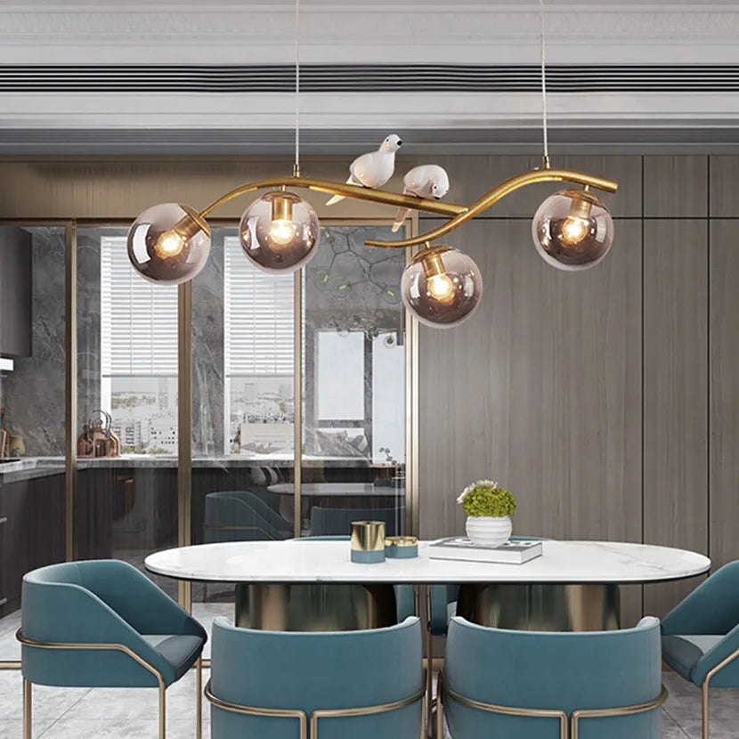 Iron chandelier with bird and suspended glass ball - vue 3 sur 12