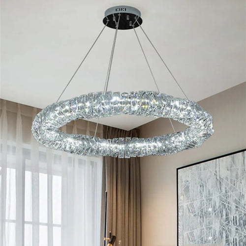 Modern dimmable crystal and steel pendant with remote control - vue 6 sur 21