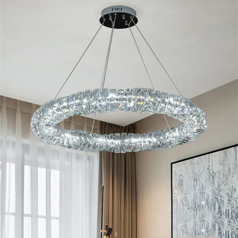 Modern dimmable crystal and steel pendant with remote control - vue 5 sur 21
