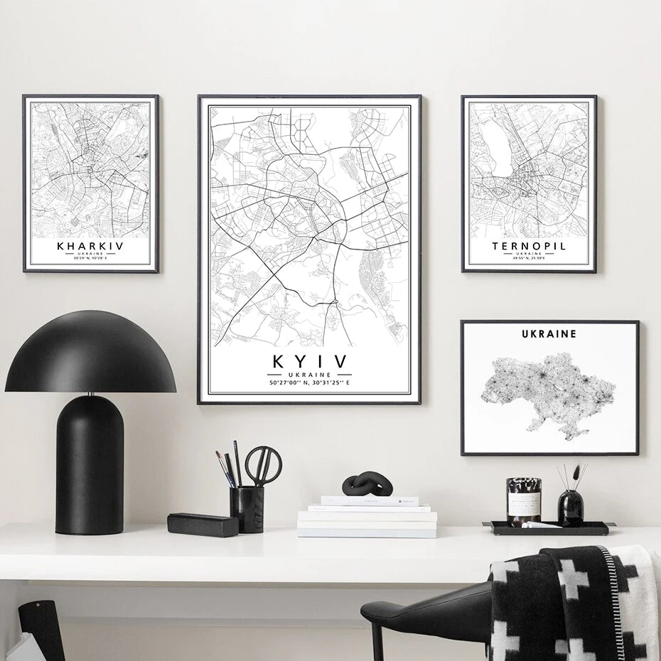 minimalist maps of ukraine cities for interior decoration
