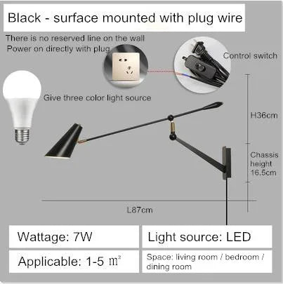 Creative long arm wall light with switch - vue 9 sur 8