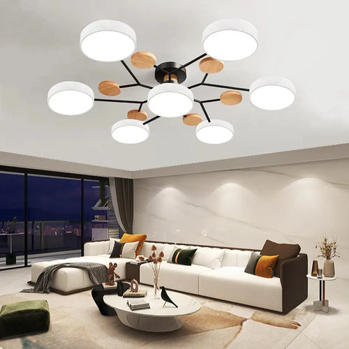 Nordic style wooden LED ceiling chandelier for multiple rooms - vue 2 sur 22