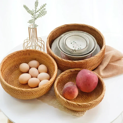 Round Rattan Woven Basket, Wicker Fruit Basket, Bread Food Kitchen Home Decor Organizer, Breadbasket For Kitchen - vue 4 sur 12