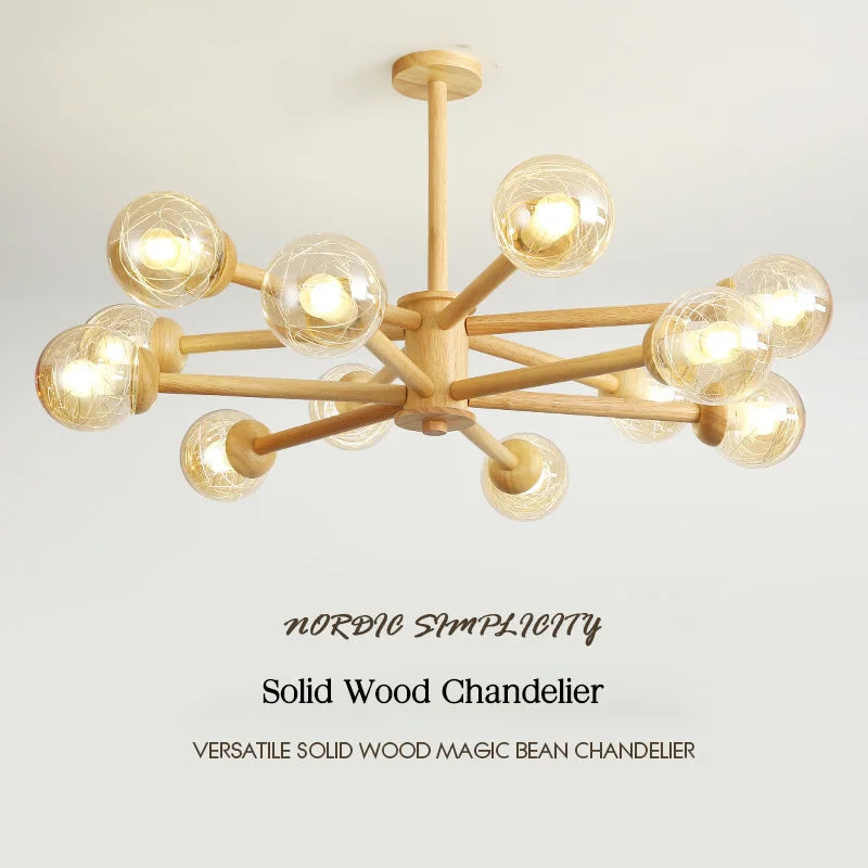 Modern wooden chandelier with glass lampshades for home decor