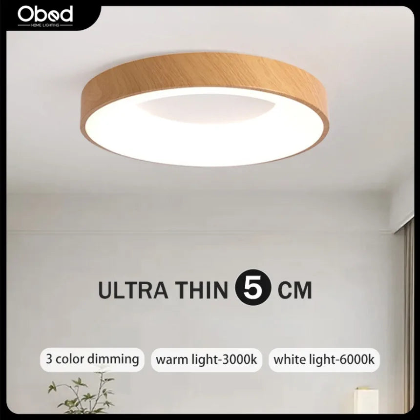 Modern circular ultra-thin wood grain LED ceiling light