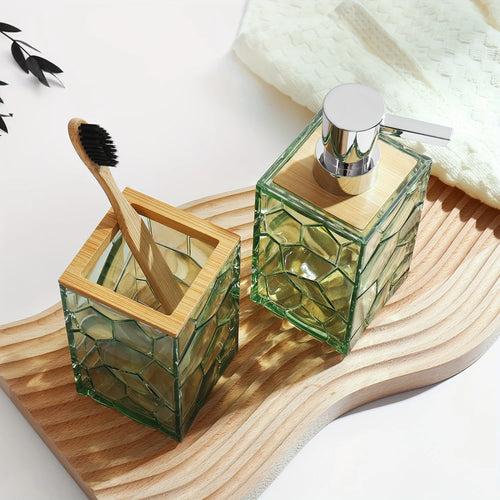 Bathroom Accessory Set, Acrylic Bamboo Accessories, Includes Toothbrush Holder, Soap Dispenser, Cotton Swab Holder, Soap Dish, T - vue 7 sur 7